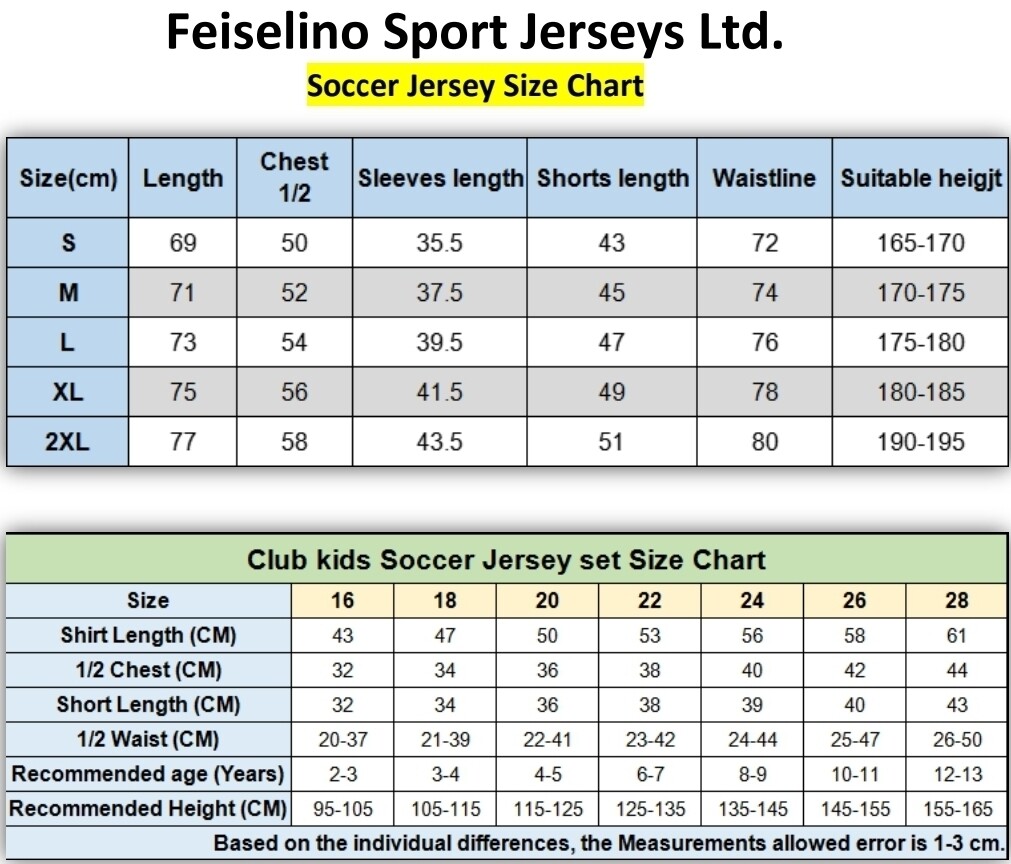 Soccer jersey kids &amp; mens (unisex) size chart