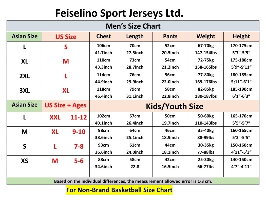 Basketball unbranded kids &amp; mens (unisex) sizes chart