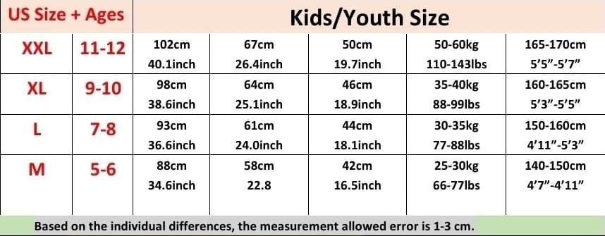 Kids Basketball Jersey sizes chart (unisex)