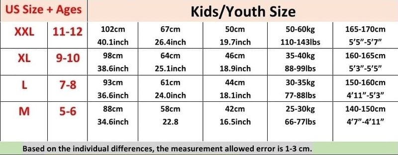 Kids Basketball Jersey sizes chart (unisex)