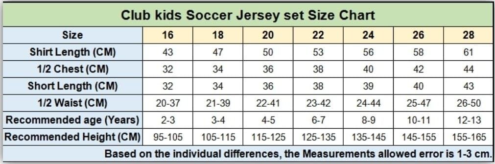 Kids Soccer Jersey size chart (unisex)