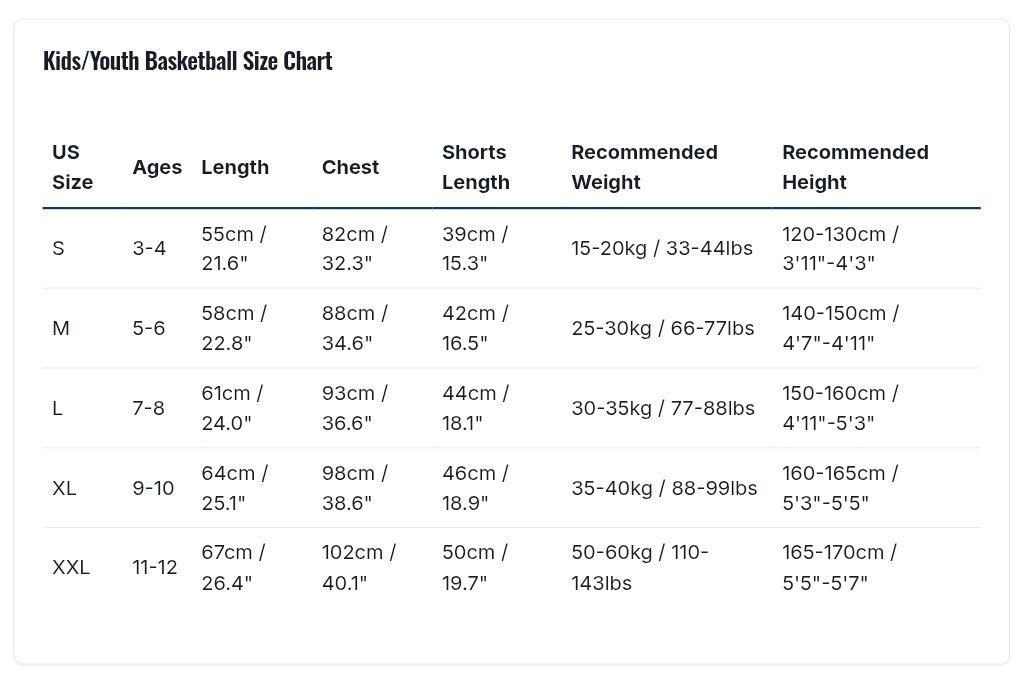 Kids Basketball Jersey sizes chart (unisex)