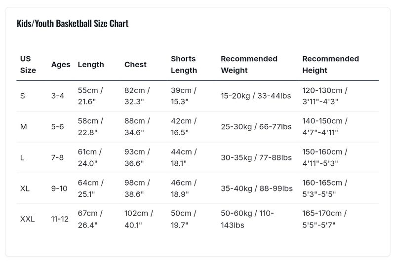 Kids Basketball Jersey sizes chart (unisex)