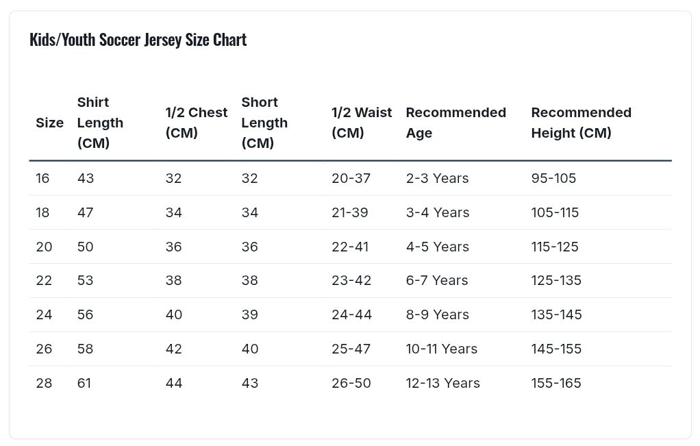 Kids Soccer Jersey size chart (unisex)