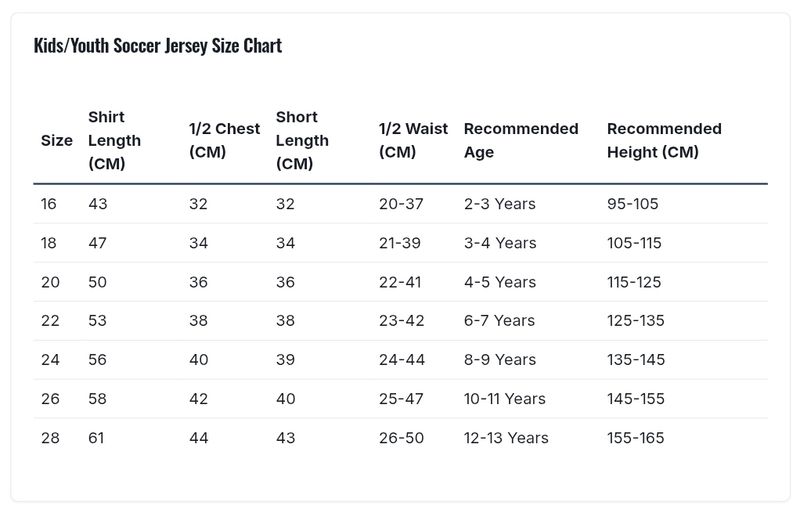 Kids Soccer Jersey size chart (unisex)