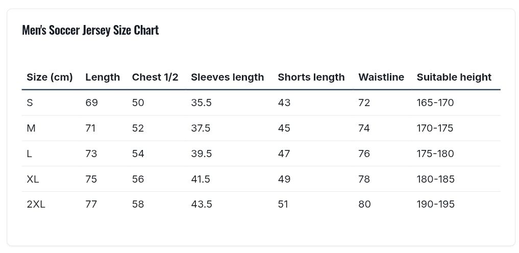 Men&#39;s Soccer Jersey size chart (unisex)
