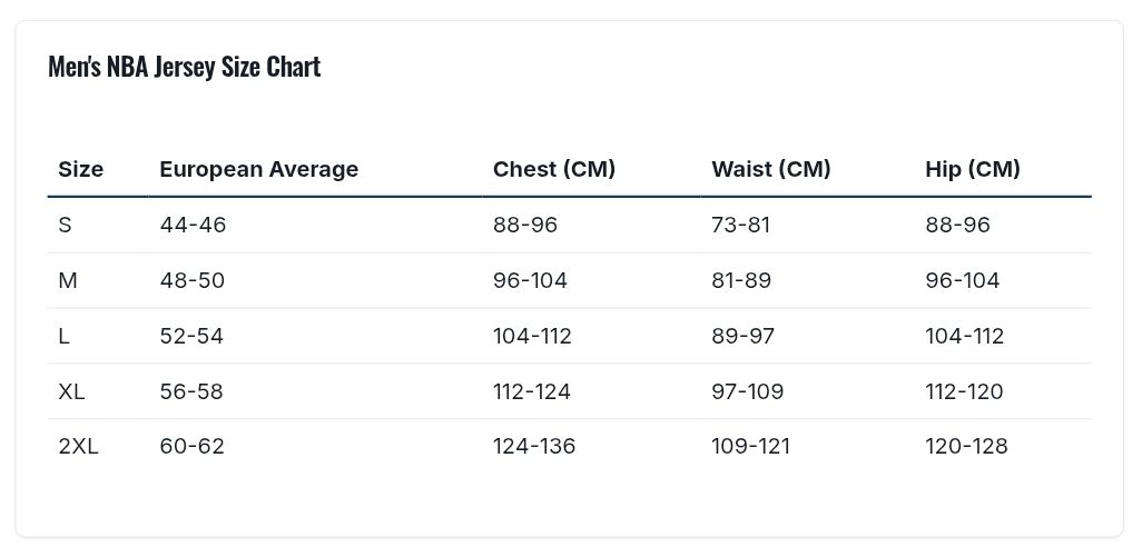 Men&#39;s NBA Jersey size chart (unisex)