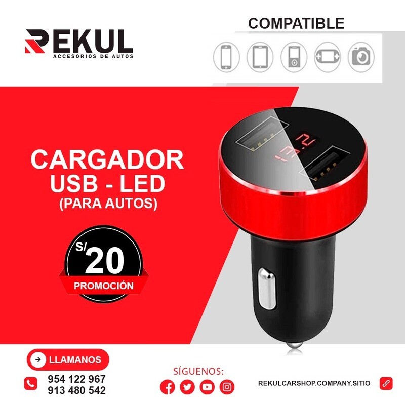 Cargador Doble USB para auto LED con Indicador Voltaje Batería