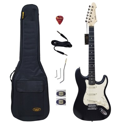 Sqoe Strat Electric Guitar Matte Black with Accessories