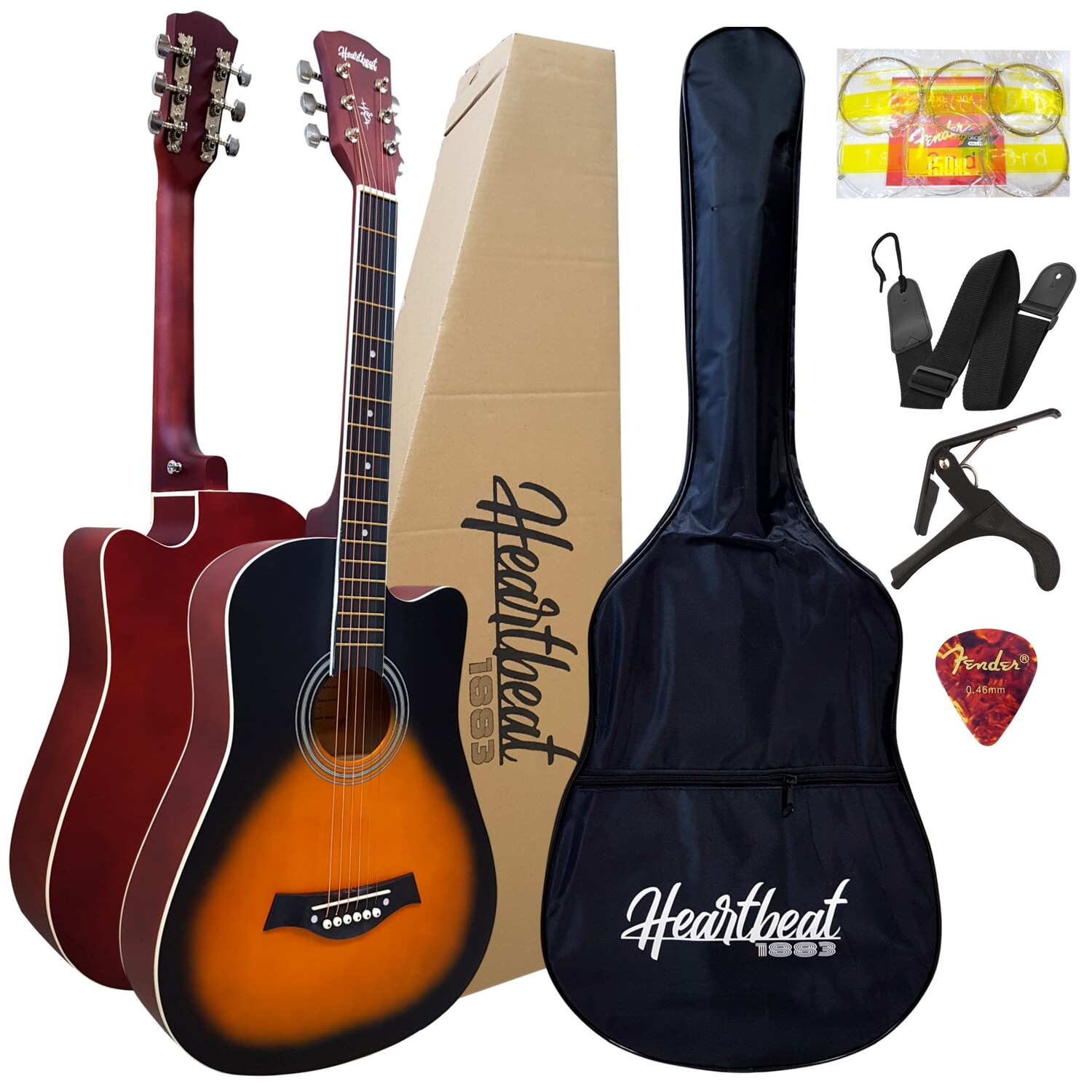 Heartbeat1883 - Acoustic Guitar 38" w/ White edge with Bag ,Belt ,Pick, Capo , String set.( Matte Sunburst)