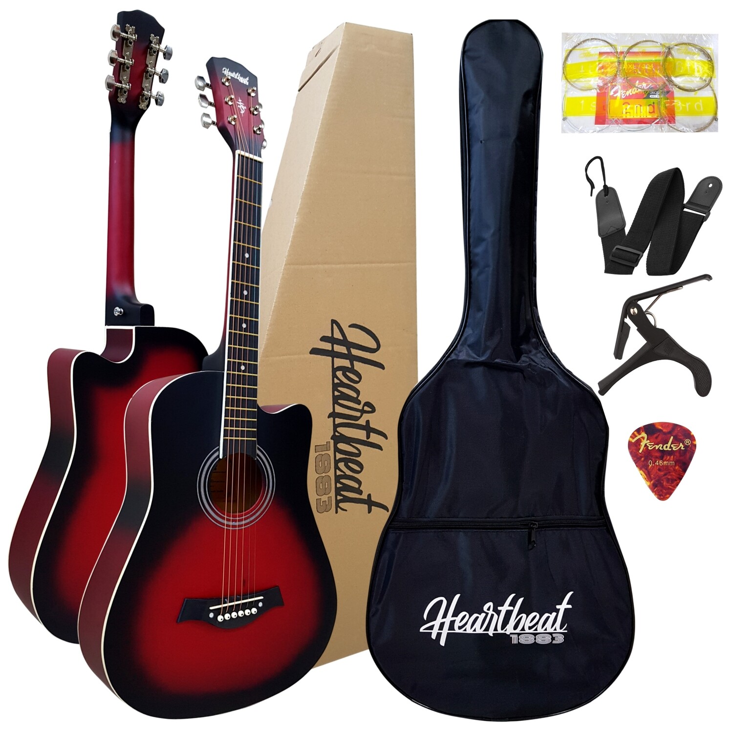 Heartbeat1883 - Acoustic Guitar 38" w/ White edge with Bag ,Belt ,Pick, Capo , String set.(Matte Red)