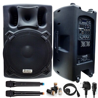 Zisonic Active Speaker SP-116 Heavy Duty and Powerful with 2 UHF Microphone 60 meter range, 3000watts.