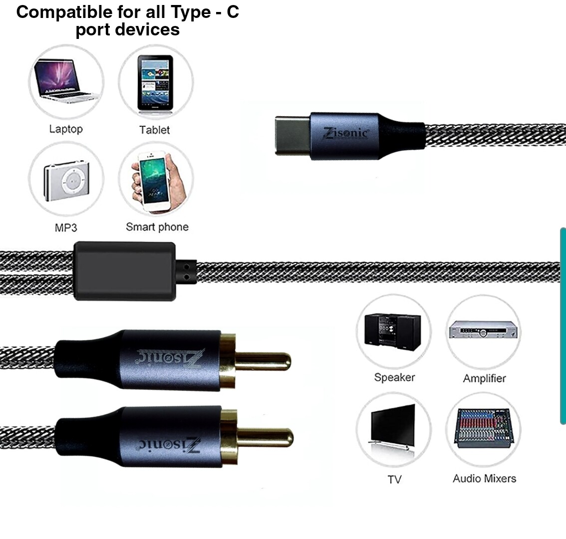 USB C to 2 RCA Audio Cable 2m/200cm long, Type-C to 2 Male RCA