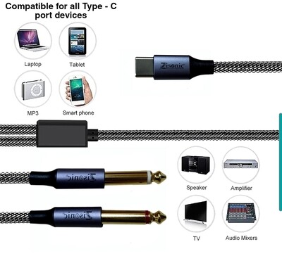 USB Type C to Dual 6.35mm 1/4 inch TS Audio Cord for Smartphone, Tablet, Laptop Link Amplifier, Mixing Console Mixer, Speaker, 2meter/ 200cm long.