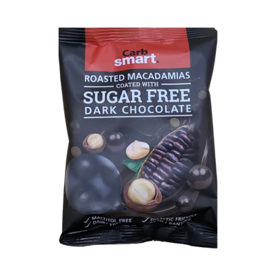 Carb Smart Roasted Macadamias Coated with Sugar Free Dark Chocolate 80g