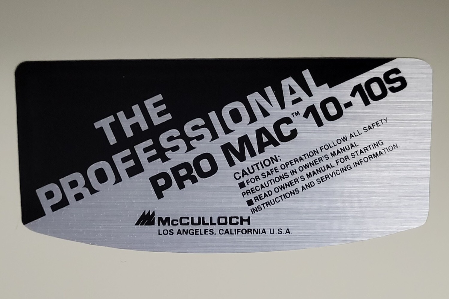 McCulloch Pro Mac 10-10s filter cover sticker