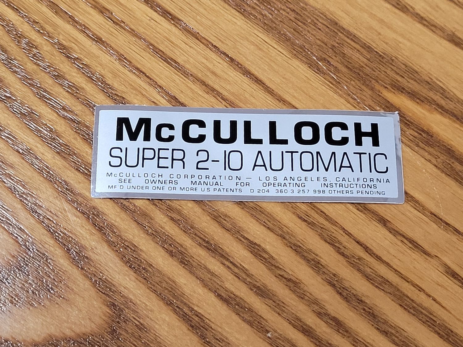 McCulloch Super 2-10 Automatic reproduction filter cover sticker