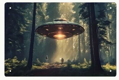 Advanced Flying Saucers And Aliens In The Forest Metal Tin Wall Decor