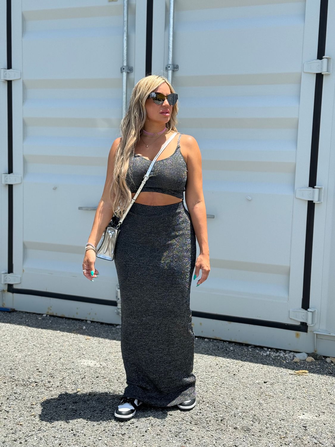 Metallic Black Skirt Set