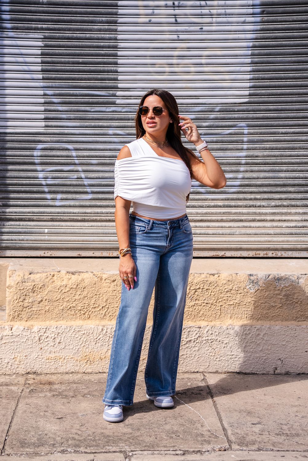 One Shoulder Wrapped White Top