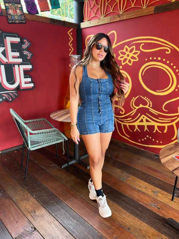 Cross back Denim Mini Romper
