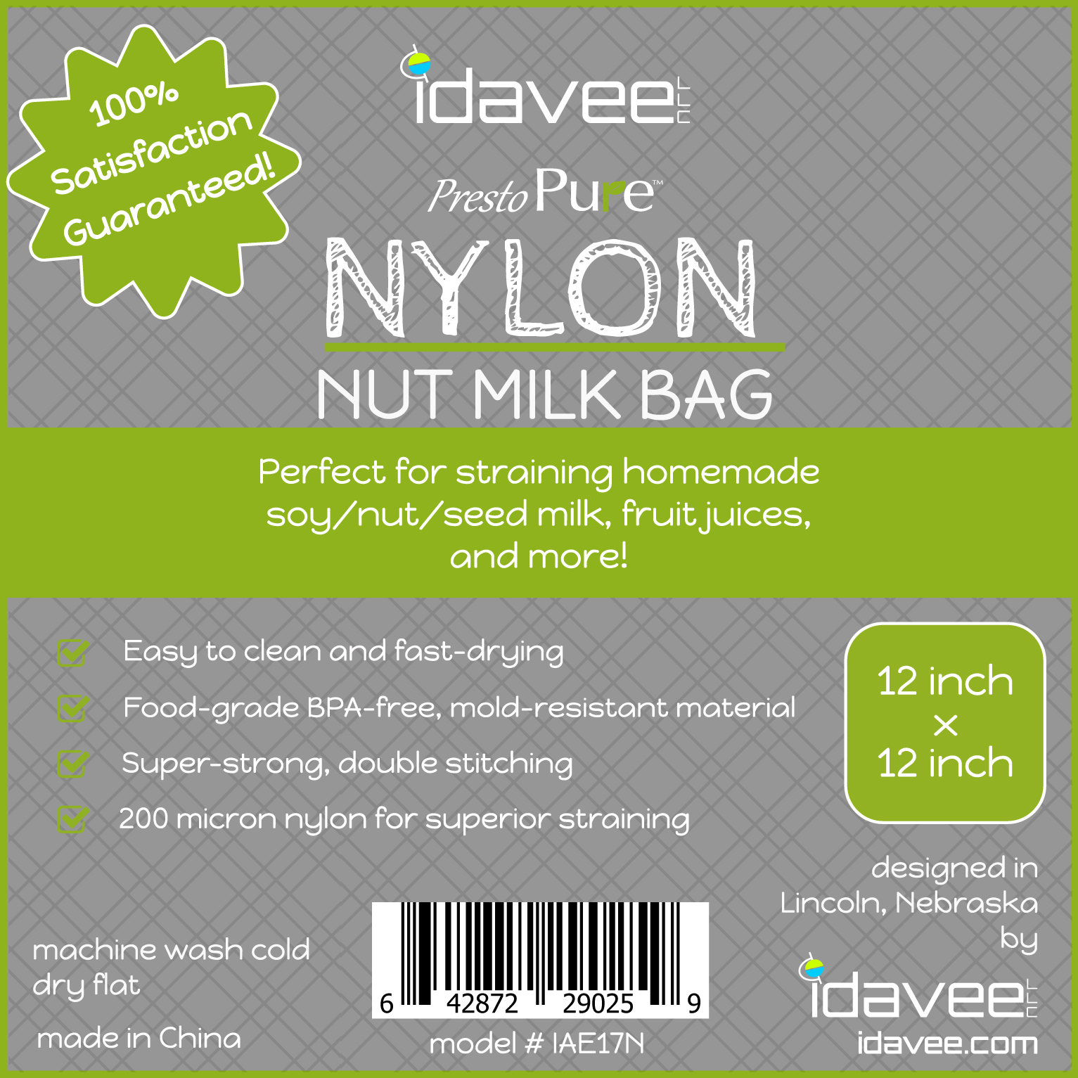 Idavee Brand Presto Pure IAE17N 12x12&quot; Reusable Nylon Straining Bag