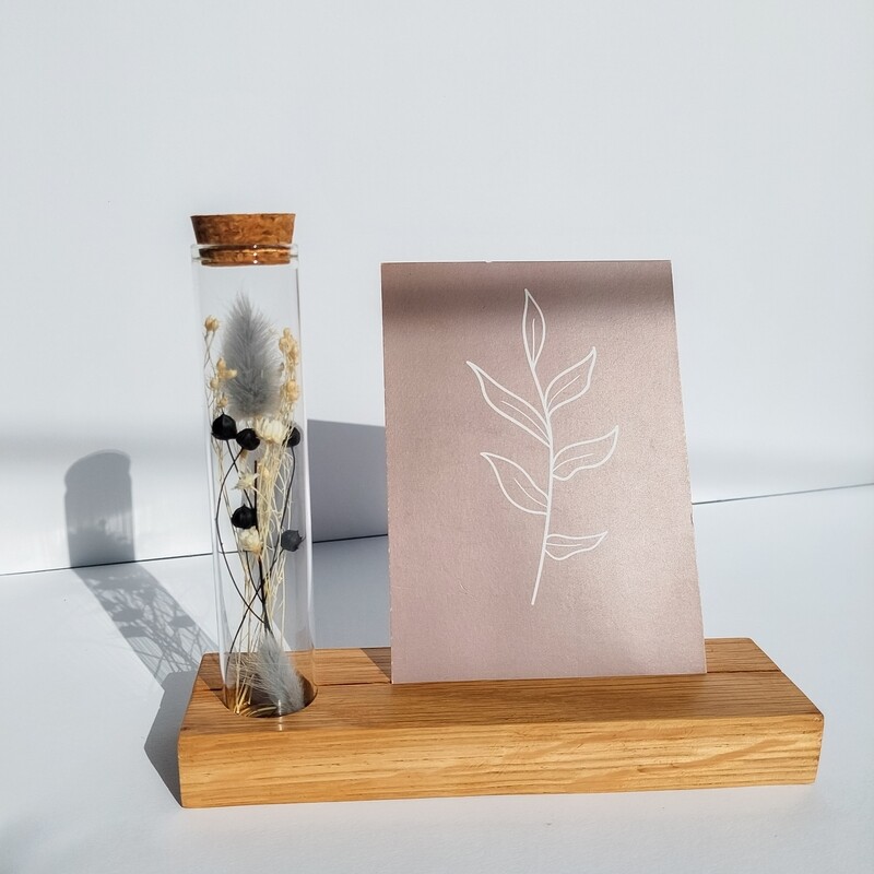Foto/kaartenhouder met droogbloemen (proefbuis) met optie gravure