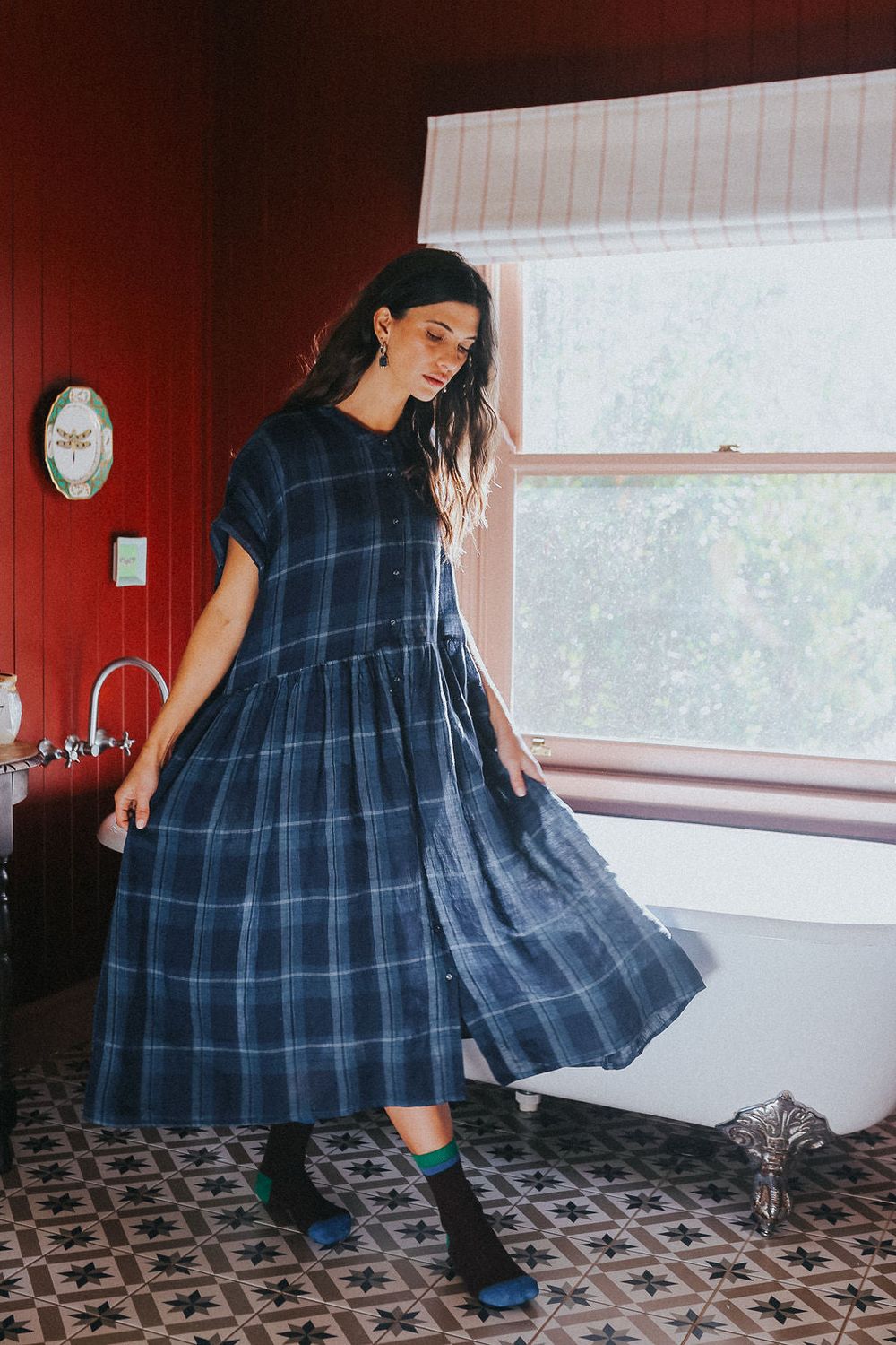 Juliette Blue Check Button Up Linen Dress