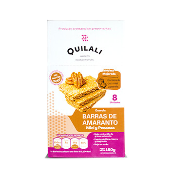 Barras de Amaranto  - Quilali  - 8x180g/caja - Sabor miel pecanas