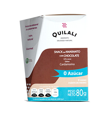 Snack Amaranto  - Quilali - 80g/caja - Sabor Chocolate sin azúcar  con Cardamomo