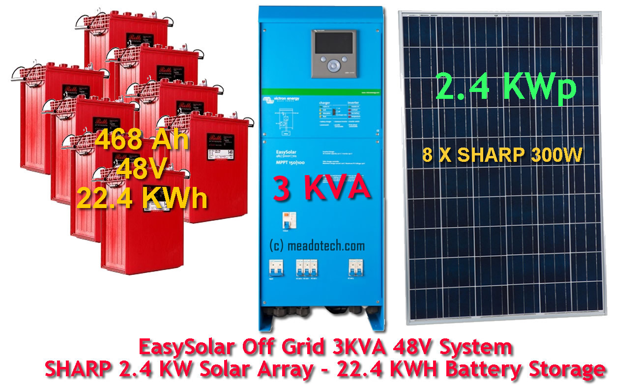 Victron off grid Solar System 3 KVA – 22.4 KWh Battery 48V - 2.4 KW SHARP Solar Panels