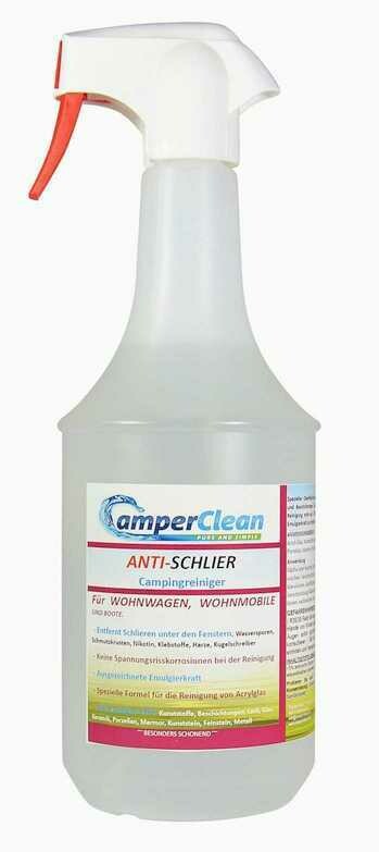 Anti-Schlier  Camping- und Bootreiniger. 1 Liter Flasche mit Zerstäuberaufsatz