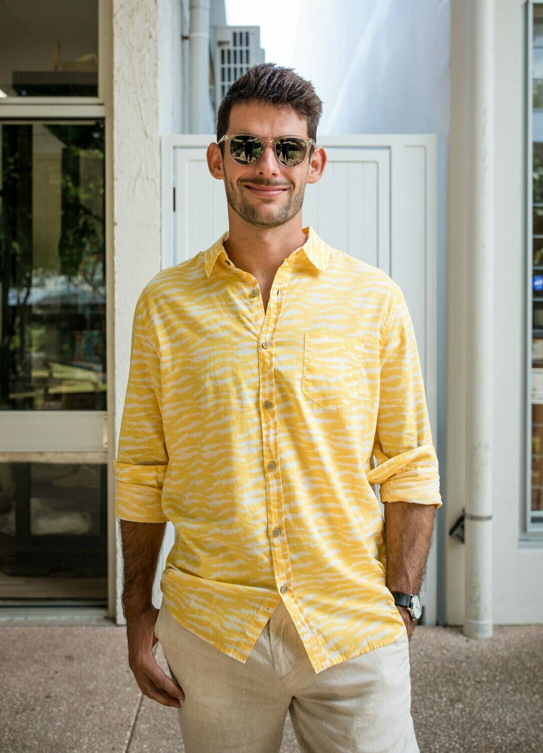 Long Sleeve Shirt. Canary yellow/white waves