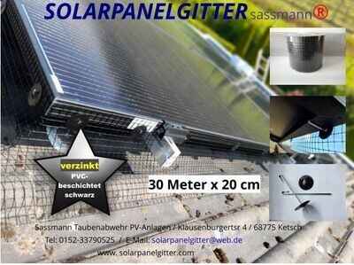 Solarpanelgitter-Set 30 m x 0,20 m x 1,3 mm galvanisch verzinkt PVC-beschichtet schwarz incl. 100 Stück Befestigungsclips Solarpanelgitter-Set 30 m x 0,20 m x 1,3 mm galvanisch verzinkt PVC-beschichtet schwarz incl. 100 Stück Befestigungsclips