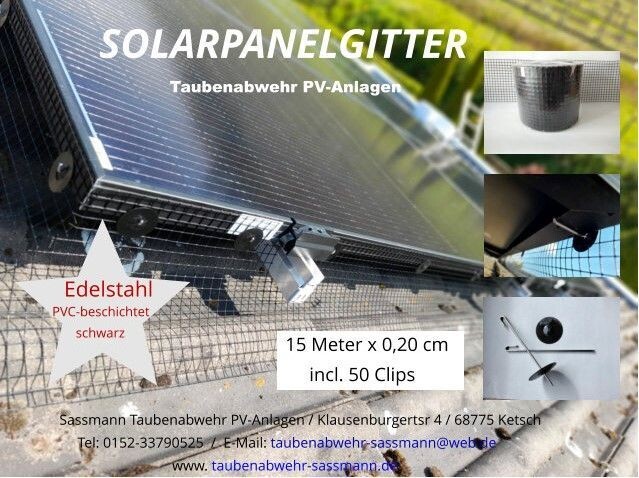 Solarpanelgitter-Set  15 m x 0,20 m x 1,0 mm Edelstahl PVC-beschichtet schwarz incl. 50 Stück Befestigungsclips