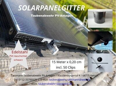 Solarpanelgitter-Set 15 m x 0,20 m Edelstahl PVC-beschichtet schwarz incl. 50 Stück Befestigungsclips