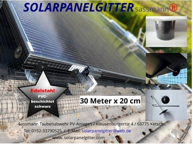 Solarpanelgitter-Set  30 m x 0,20 m x 1,0 mm  Edelstahl PVC-beschichtet schwarz incl. 100 Stück Befestigungsclips