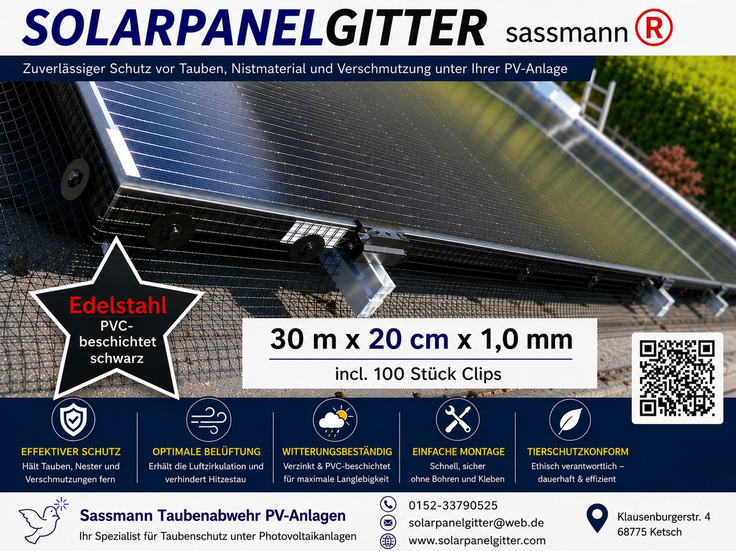 Solarpanelgitter-Set  30 m x 0,20 m x 1,0 mm  Edelstahl PVC-beschichtet schwarz incl. 100 Stück Befestigungsclips