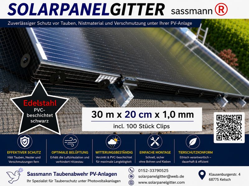 Solarpanelgitter-Set 30 m x 0,20 m x 1,0 mm Edelstahl PVC-beschichtet schwarz incl. 100 Stück Befestigungsclips Solarpanelgitter-Set 30 m x 0,20 m x 1,0 mm Edelstahl PVC-beschichtet schwarz incl. 100 Stück Befestigungsclips