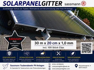 Solarpanelgitter-Set  30 m x 0,20 m x 1,0 mm  Edelstahl PVC-beschichtet schwarz incl. 100 Stück Befestigungsclips