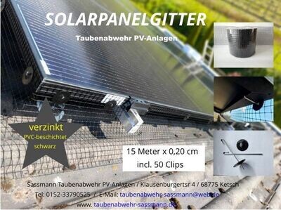 Solarpanelgitter-Set 15 m x 0,20 m x 1,3 mm galvanisch verzinkt PVC-beschichtet schwarz incl. 50 Stück Befestigungsclips. Solarpanelgitter-Set 15 m x 0,20 m x 1,3 mm galvanisch verzinkt PVC-beschichtet schwarz incl. 50 Stück Befestigungsclips.