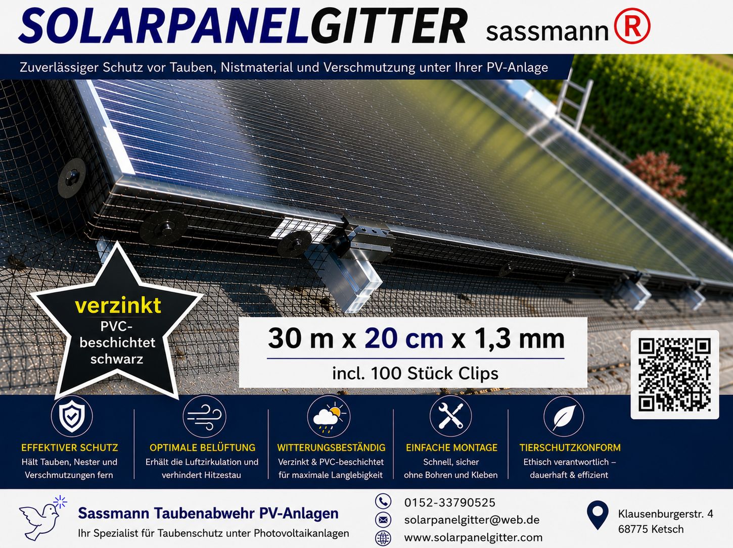 Solarpanelgitter-Set 30 m x 0,20 m x 1,3 mm galvanisch verzinkt PVC-beschichtet schwarz incl. 100 Stück Befestigungsclips Solarpanelgitter-Set 30 m x 0,20 m x 1,3 mm galvanisch verzinkt PVC-beschichtet schwarz incl. 100 Stück Befestigungsclips