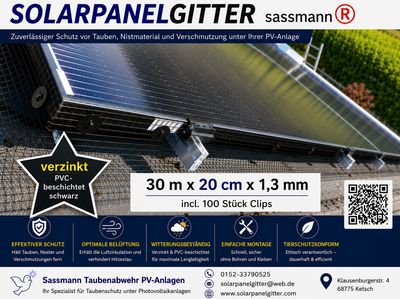 Solarpanelgitter-Set 30 m x 0,20 m x 1,3 mm  galvanisch verzinkt PVC-beschichtet schwarz incl. 100 Stück Befestigungsclips