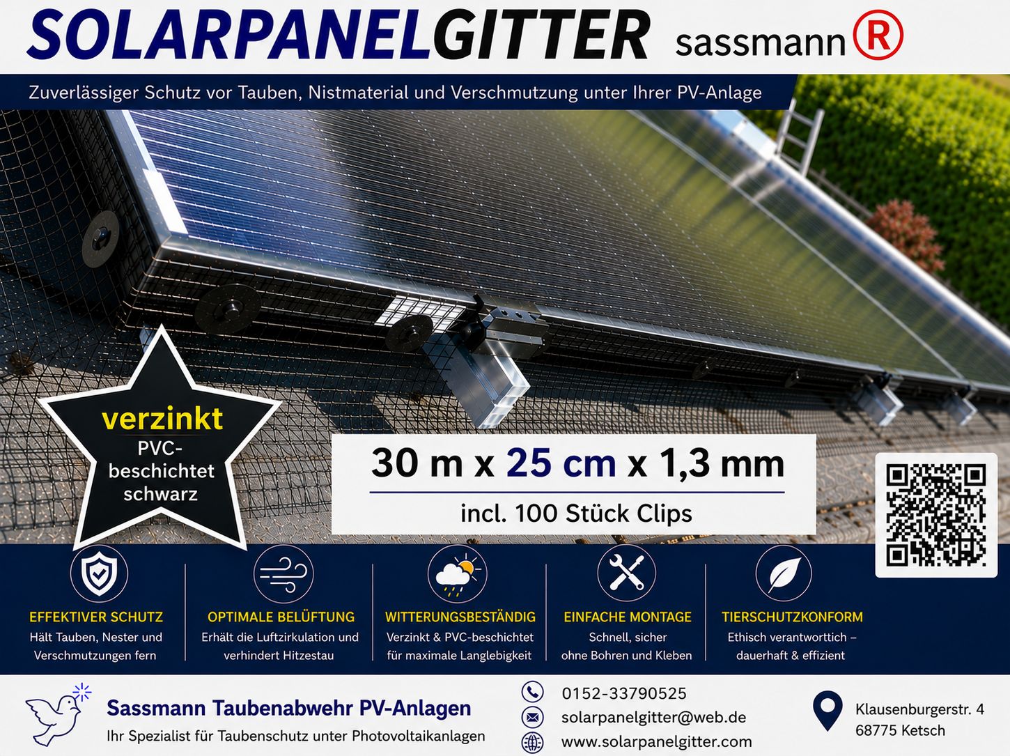 Solarpanelgitter-Set 30 m x 0,25 m x 1,3 mm galvanisch-verzinkt beschichtet schwarz incl. 100 Stück Befestigungsclips Solarpanelgitter-Set 30 m x 0,25 m x 1,3 mm galvanisch-verzinkt beschichtet schwarz incl. 100 Stück Befestigungsclips