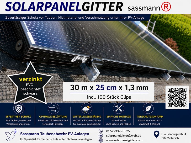 Solarpanelgitter-Set 30 m x 0,25 m x 1,3 mm galvanisch-verzinkt beschichtet schwarz incl. 100 Stück Befestigungsclips Solarpanelgitter-Set 30 m x 0,25 m x 1,3 mm galvanisch-verzinkt beschichtet schwarz incl. 100 Stück Befestigungsclips