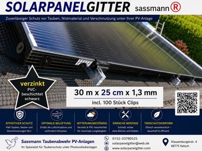 Solarpanelgitter-Set 30 m x 0,25 m x 1,3 mm  galvanisch-verzinkt beschichtet schwarz incl. 100 Stück Befestigungsclips