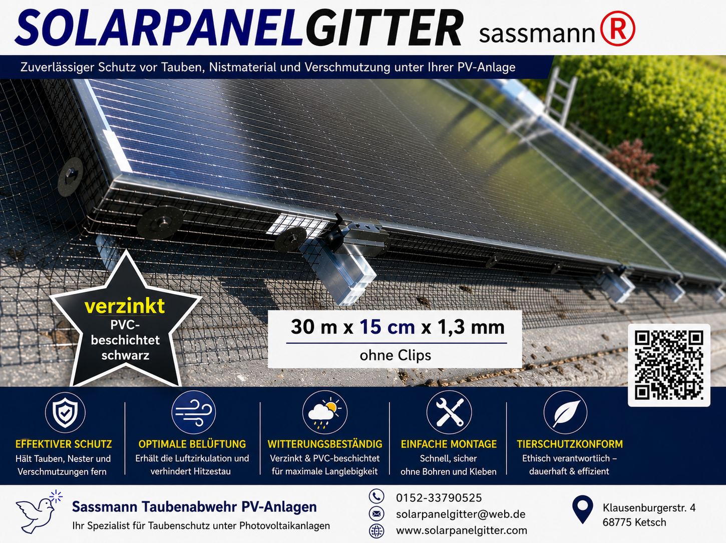 Solarpanelgitter-Set 30 m x 0,15 m x 1,3 mm galvanisch verzinkt PVC-beschichtet schwarz ohne Befestigungsclips Solarpanelgitter-Set 30 m x 0,15 m x 1,3 mm galvanisch verzinkt PVC-beschichtet schwarz ohne Befestigungsclips
