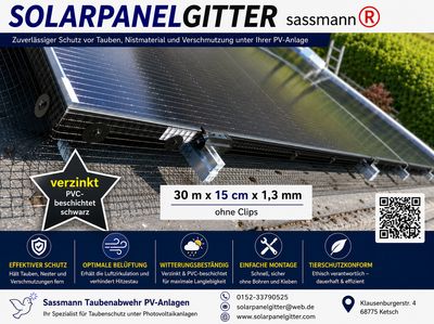 Solarpanelgitter-Set 30 m x 0,15 m x 1,3 mm  galvanisch verzinkt PVC-beschichtet schwarz  ohne  Befestigungsclips