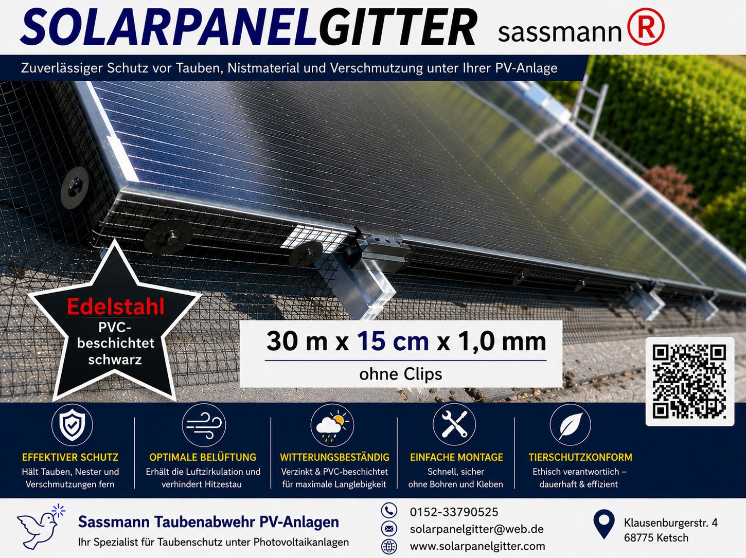 Solarpanelgitter-Set 30 m x 0,15 m x 1,0 mm Edelstahl PVC-beschichtet schwarz ohne Befestigungsclips Solarpanelgitter-Set 30 m x 0,15 m x 1,0 mm Edelstahl PVC-beschichtet schwarz ohne Befestigungsclips