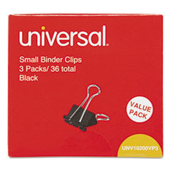 UNIVERSAL OFFICE PRODUCTS Small Binder Clips  Steel Wire  3/8in Capacity  3/4in Wide  Black/silver  36/pack; UNIT OF MEASURE: PG